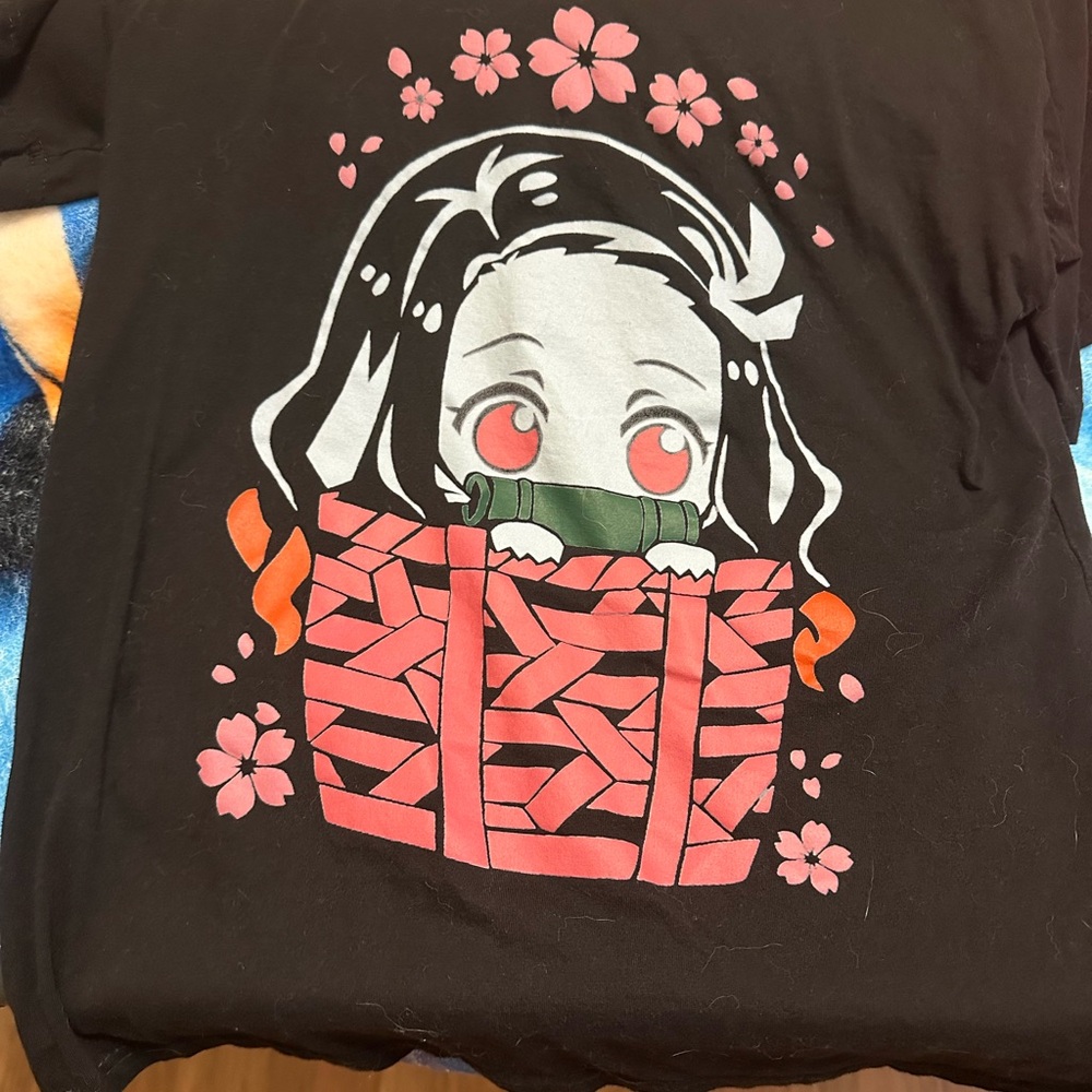 Nezuko Demon Slayer Chibi Pink Black Floral Anime T Shirt Small